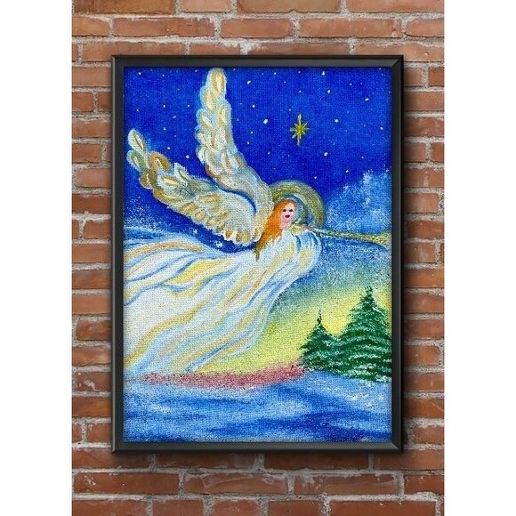 Original Oil Painting Angel Trumpet Christmas Winter Night Sky 8x10 Canvas Art - Picture 6 of 11
